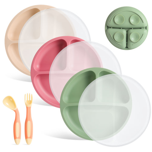Armscye 3 Pack Suction Toddlers Plates with Lids and Utensils, Divided Suction Plates for Baby,100% Food Grade Silicone Baby Plates, Safe Grip Dishes for Toddlers Self Feeding Training