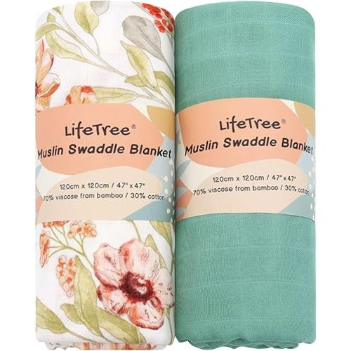 LifeTree Baby Swaddle Blanket, 70% Viscose from Bamboo and 30% Cotton Muslin Swaddles Blankets Unisex, Swaddling Blanket Neutral for Newborn, Super Soft Large 47" x 47", Pomegranate Flower and Green