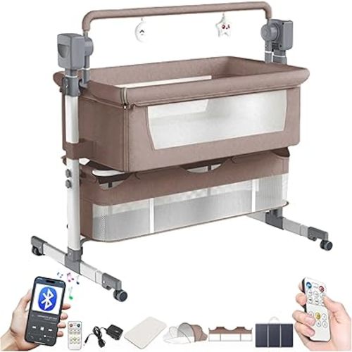 MoLi Cuna multifuncional para cuna de bebé, cuna convertible para dormir conjuntamente, plegable, cuna para niños pequeños con música Bluetooth, 5 engranajes oscilantes, control remoto (601 caqui)