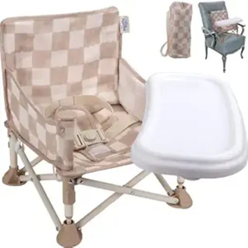 Tiny Marvels 3-in-1 Portable Baby Chair, Foldable Booster Seat with Removable Tray, Safety Harness & Carry Bag for Dining, Travel, Camping, Beach, 6M-3Y (Sand Checker)
