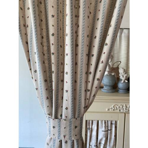 Linen Floral Stripe Curtains Blue Striped Modern Vintage Vibe Natural Shabby Chic Linen Drapes Bedroom Kids Room Window Panels Set of 2