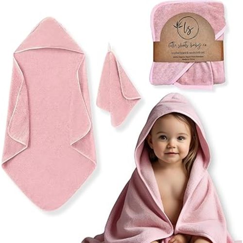Hooded Baby Toddler Towel and Washcloth Set, 100% Organic Rayon Made from Bamboo, Silky Soft and Absorbent, Large Size of 35" x 35" & 10" x 10" Baby Essentials in Rose