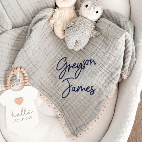 Embroidered Cotton Muslin Baby Blanket, Personalized Baby Blanket, Muslin Custom Name Blanket, Baby Gift Gift for Newborns Baby Shower Gift