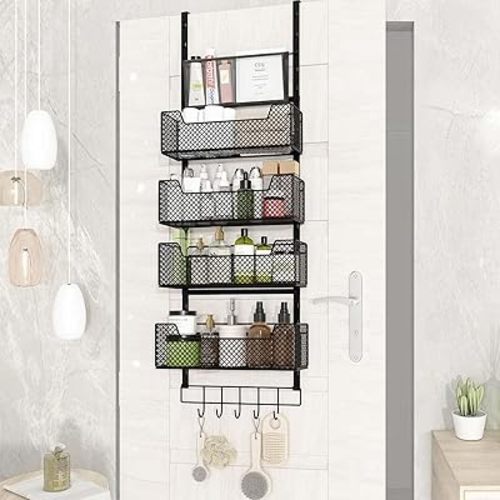 Adjustable Over The Door Organizer, Heavy Duty Hanging Door Storage with 4 Metal Baskets and PVC Pocket, Behind Door Organizer for Bathroom Closet Bedroom Pantry Cabinet, Black
