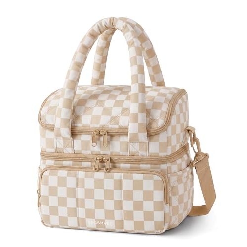 BAGSMART Lunch Bag Women, Double Deck Insulated Lunch Box, Quilted Puffer Lunch Tote, Leakproof, Durable & Reusable Large Lunch Cooler For Work Picnic Travel Meal Prep, Brown Checkerboard