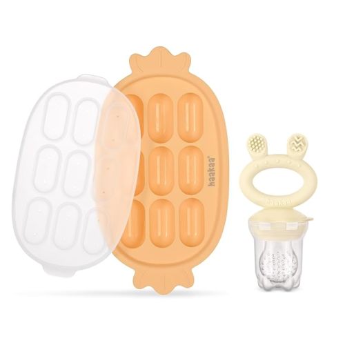 Haakaa Baby Fruit Food Feeder & Silicone Freezer Nibble Tray Combo - Breastmilk Popsicle Mold for Baby Cooling Relief, BPA Free Baby Mesh Food Feeder for Infant Self Feeding - Marigold