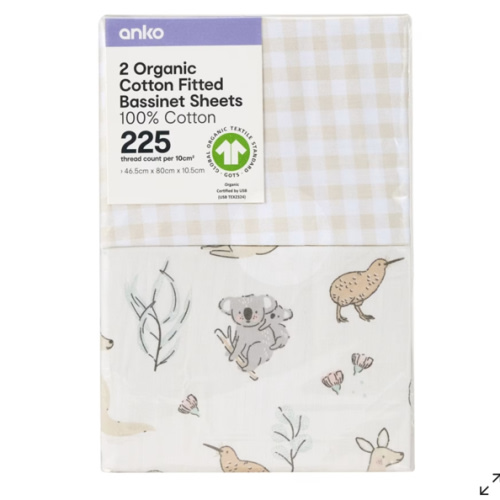 2 Pack 225 Thread Count Organic Cotton Fitted Bassinet Sheets - Australiana and Gingham Print