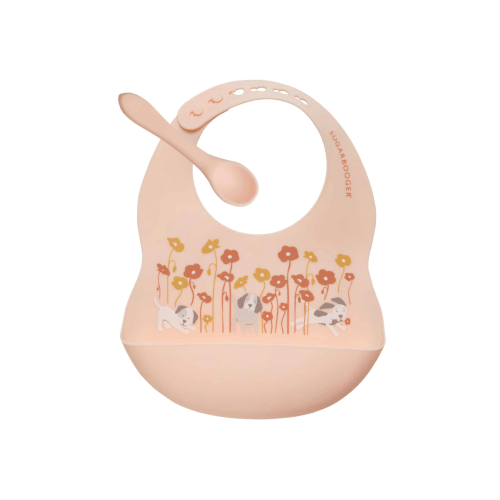 Silicone Bib & Spoon Set, Puppies & Poppies