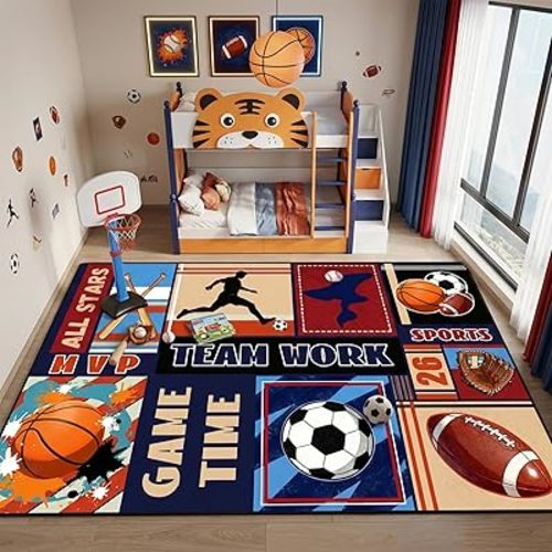 BATATADOCE Sports Rug - 4.5x6 Feet Basketball Football Soccer Baseball Kids Area Rug for Boys Bidroom Playroom Living Game Decor