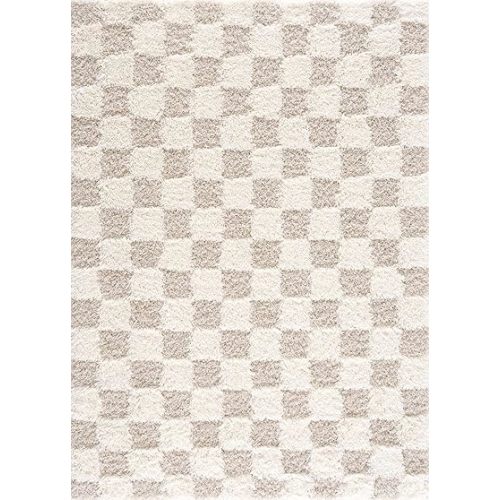 Atira Modern Checkered Shag Area Rug - High Pile Fluffy Shaggy Carpet for Kids Room, Nursery, Living Room, Bedroom - Beige, Cream, White - 5'3" x 7'3" (5x7)