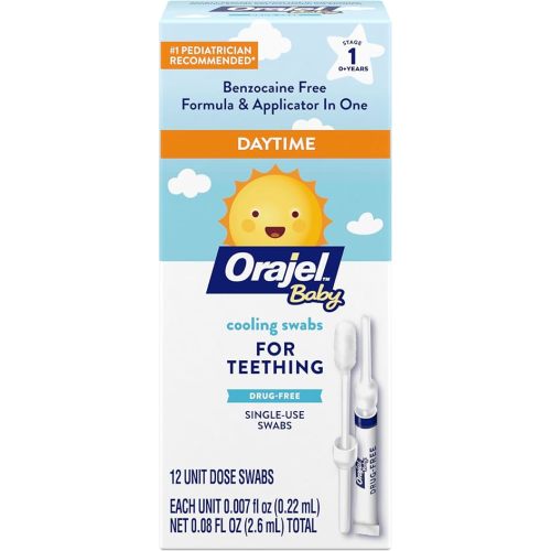 Orajel Baby Daytime Cooling Swabs for Teething, Drug-Free, 1 Pediatrician Recommended Brand for Teething*, 12 Swabs (Packing May Vary)