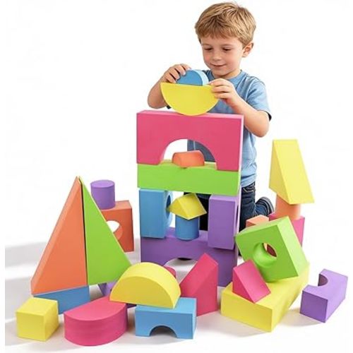 Large Building Foam Blocks for Toddlers, EVA Stacking Foam Building Blocks Toy Set, Non-Toxic, Washable, Early Learning Construction Toys & Gifts for Kids Boys & Girls (Blue, Pieces, 30)