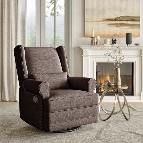 RoyalCraft Swivel Recliner Glider Rocking Chair with Lumbar Pillow and Footrest, for Bedroom, Living Room, Brown
