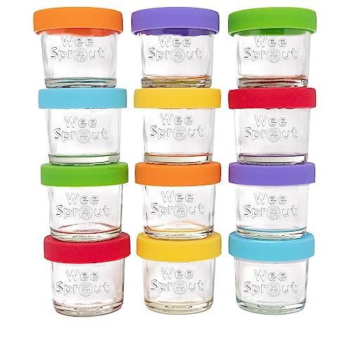 WeeSprout Glass Baby Food Storage Jars w/Lids (4 oz, 12 Pack Set) Snack, Puree, Reusable Small Containers, Breast Milk, Fridge or Freezer, Microwave & Dishwasher Safe, Essential Must Have for Infants