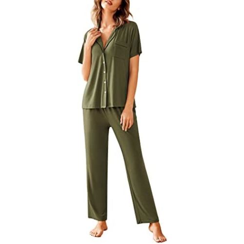 Avidlove Women Pajamas Set Notch Collar Soft Sleepwear Pjs Short Sleeve Button Down Nightwear with Long Pants