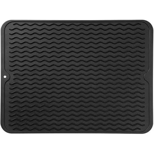 Silicone Dish Drying Mat for Multiple Usage,Easy clean,Eco-friendly,Heat-resistant Silicone Mat for Kitchen Counter or Sink,Refrigerator or drawer liner Black L 16 inches x 12 inches