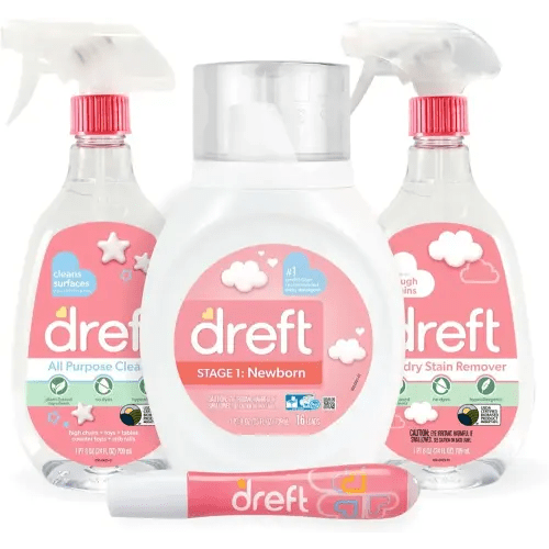 Baby Gifts Set by Dreft, Baby and Mom Gift Set with Liquid Laundry Detergent, Laundry Stain Remover, Stain Remover Pen & All Purpose Cleaner Spray, Great for Baby Showers