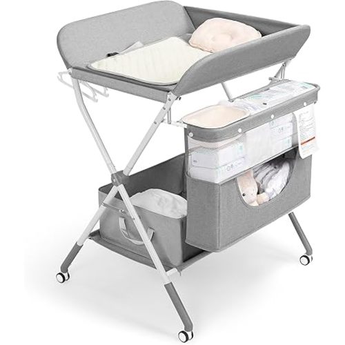 Portable Baby Changing Table, Foldable Changing Table Dresser Changing Station for Infant, Waterproof Diaper Changing Table Pad Topper, Mobile Nursery Organizer for Newborn Essentials (Grey)