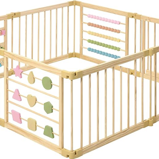 ZETY Natural Wood Baby Playpen – 8 or 10 Panel Foldable Play Yard with Door Panel and Built-in Toys, CPC Certified & SGS Tested