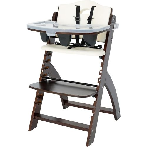 Abiie Beyond Junior Wooden High Chair with Tray - Adjustable and Convertible High Chair for Babies and Toddlers - 6 Months to 250 Lb - Water Resistant - Mahogany Wood/White Cushion