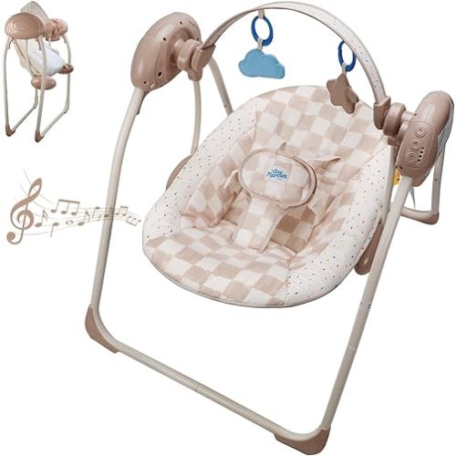 Baby Swings for Infants, Tiny Marvels Portable Swing with Adaptable Speed, Music, Removable-Toy-Bar, Foldable Infant Swing for Indoor and Outdoor Use, 0-9 Months 6-20 lbs(Sander Checker)