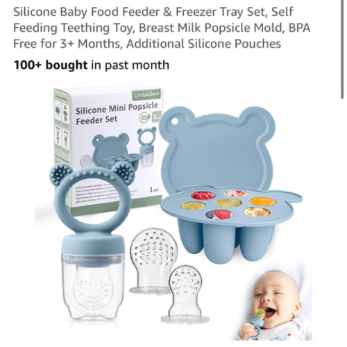 Silicone Baby Food Feeder & Freezer Tray Set, Self Feeding Teething Toy, Breast Milk Popsicle Mold, BPA Free for 3+ Months, Additional Silicone Pouches
