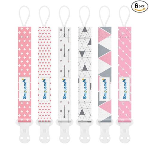 Pacifier Clip Girl,6 Pack Stylish Binky Clips Strap for Baby Girls,Paci Holder with Clip Lightweight Universal Fits Most Pacifiers Teether Toy Teething Ring Soothie,Baby Gifts(Pink & Grey)