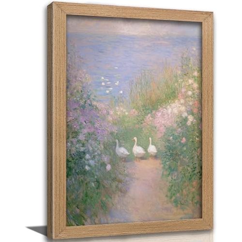 Framed Impressionist Goose Wall Art, Cottagecore Duck Oil Painting Canvas Print Picture, Pastel Floral Lake Landscape Wall Decor, Country Nature Pictures Prints, for Bedroom Bathroom, 8x10in
