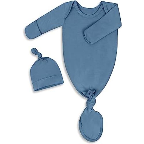 Baby Newborn Knotted Gown 0-6 Months, Super Soft Infant Long Sleeve Sleepwear for Girl and Boy, Baby Coming Home Hospital Outfit with Hat Set Light Blue