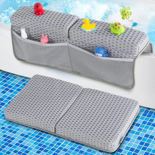 Baby Bath Kneeler and Elbow Rest Pad Set, 1.5'' Thick Quickly Dry Bathtub Kneeler Pad with Baby Toys & Bath Accessories Organizer, Kneeling and Elbow for Baby Tub, Non-Slip Mat(Light Grey)