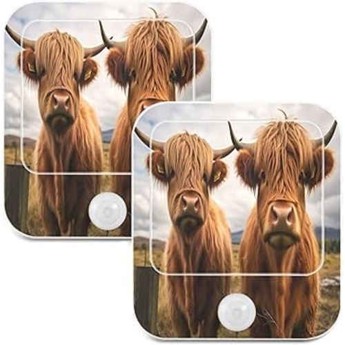 Qilmy Highland Cow Night Light Plug into Wall 2 Pack Plug-in LED Nightlights with Auto Dusk to Dawn Sensor Warm White Light Perfect for Kids Room Bedroom Kitchen Hallway Stairs