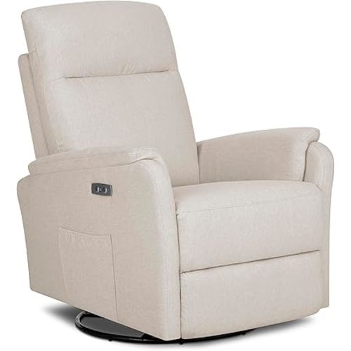 Evolur Noah Power Recline Glider with 275-Degree Swivel, Power Recline, Plush Padded Armrests, FSC Certified, in Light Sand