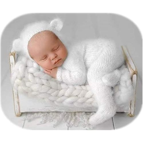 Vemonllas Newborn Photography Props Boys Girls Outfits Mohair Bear Hat Bonnet & Footed Romper Bodysuit Photoshoot Costume Set