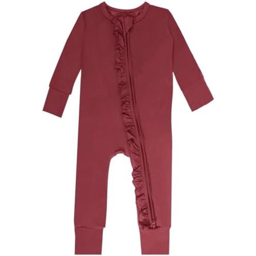 GUISBY Rayon Baby Long Sleeve Footless Rompers, 2 Way Zipper with Ruffle Sleepers 0-24 Months