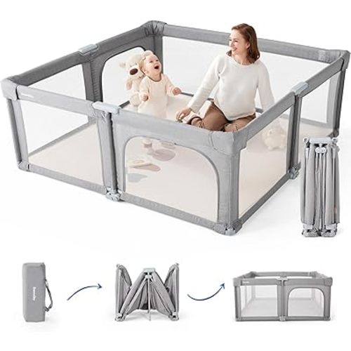 Sweeby Baby Playpen, 59x59 Inch Baby Gate Foldable Playpens for Babies and Toddlers, Extra Large Playpen with Door Play Yard for Baby Fence Indoor and Outdoor Play Pen, Grey