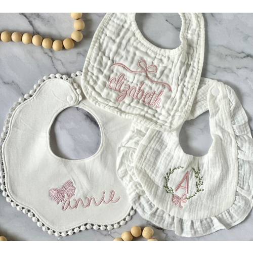 Set of 3 Custom Embroidered Muslin Cotton Baby Bibs, Baby Gift