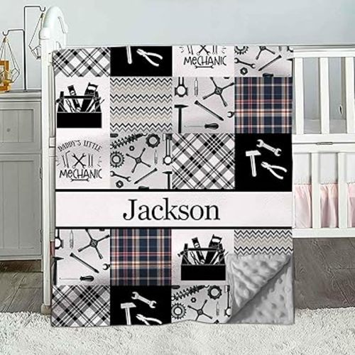 Personalized Baby Blankets, Custom Name Baby Blankets for Boys, Soft Minky Baby Blanket, Mechanic Nursery Decor Blanket, Customized Infant Toddler Baby Newborn Blanket
