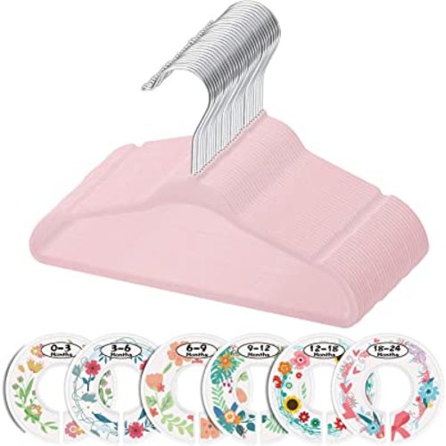 Minnebaby Velvet Baby Hangers, Baby's Closet Clothes Hangers with 6 Pcs Clothing Size Dividers, Non-Slip Closet Baby Clothes Hanger for Infant Toddler Girls & Boys, Pack of 30, Pink