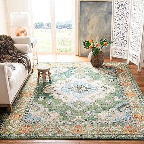 SAFAVIEH Monaco Collection Area Rug - 6'7" x 9'2", Forest Green & Light Blue, Medallion Distressed Design, Non-Shedding & Easy Care, Ideal for High Traffic Areas in Living Room, Bedroom (MNC243F)