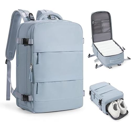 coofay Travel Backpack Carry on Flight Approved Mochila De Viaje Carry on Backpack for Airplanes Spirit Airlines Personal Item Bag 18x14x8 Inches Travel Bag Traveling Backpack for Women Men Grey Blue