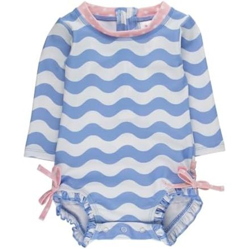 RuffleButts Baby Girls UPF 50+ Sun Protection Floral Printed Long Sleeve One Piece Rash Guard Swimsuit with Zipper