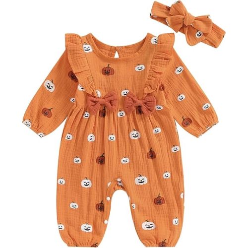 Newborn Baby Girl Halloween Outfit Cotton Linen Pumpkin Jumpsuit Romper Ruffle Sleeve Bodysuit Long Overalls with Bow