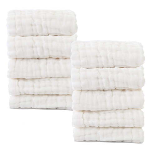 Baby Muslin Washcloths- Natural Organic Cotton Baby Wipes - Soft Newborn Baby Face Towel for Sensitive Skin- Baby Registry as Shower Gift, 10 Pack 10x10 inches By (White)