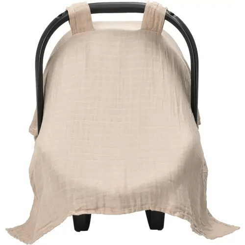 Meracorallo Muslin Baby Car Seat Cover, Lightweight Breathable Soft Infant Carrier Cover Carseat Canopy for Baby Boys and Girls, Beige