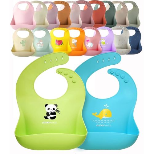 2-Pack Waterproof Silicone Baby Bib Lightweight Comfortable Easy-Wipe Clean (Green/Blue, Small)