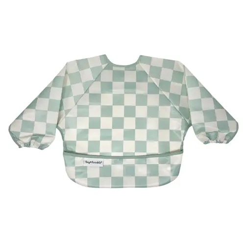 Tiny Twinkle Mess Proof Baby Bib,Waterproof Smock Baby Bib for Eating,Machine Washable Long Sleeve Bib,Baby Led Weaning,Toddler Bib,BLW Supplies(Checkers Sage, Small 6-24 Months)
