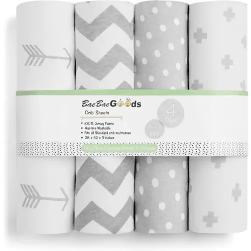 BaeBae Goods Premium Crib Sheets for Baby Boys and Girls, 4 Pack, Soft and Breathable Jersey Knit Fitted Sheet Set, Grey and White, Cute Gender Neutral Nursery Mattress Bedding, Universal Fit