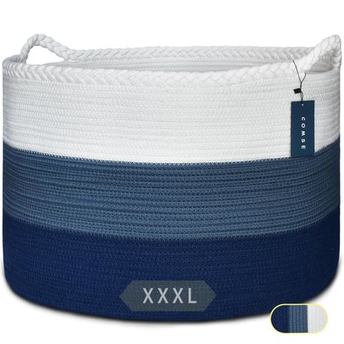 COMSE Extra Large Blanket Basket, Woven Laundry Basket, 21.7”x 13.8”, Nursery Hamper, Cotton Rope Laundry Hamper Living Room for Storage Toys Clothes Towels (White & Cadet Blue & Navy Blue)