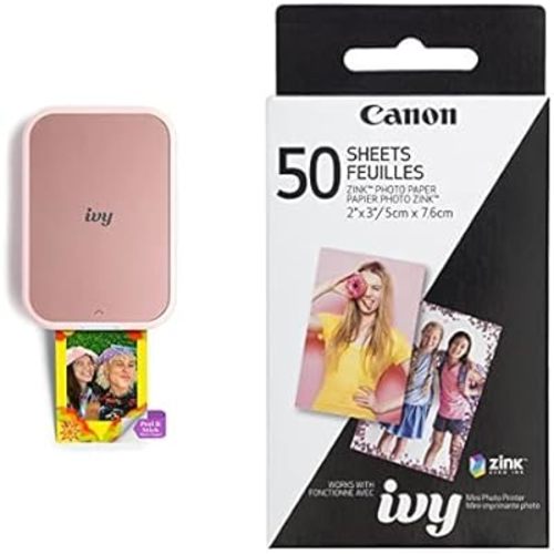 Canon IVY 2 Mini Photo Printer, Print from Compatible iOS & Android Devices, Sticky-Back Prints, Blush Pink + ZINK Photo Paper 50 Sheets Pack