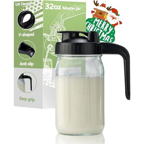 32oz Glass Pitcher with Lid & V-shaped Pour Spout - 1 Quart Breastmilk Pitcher Double Leak Proof, Creamer Container for Sun Tea, Juice, Cold Brew Coffee, Breastmilk Storage Container